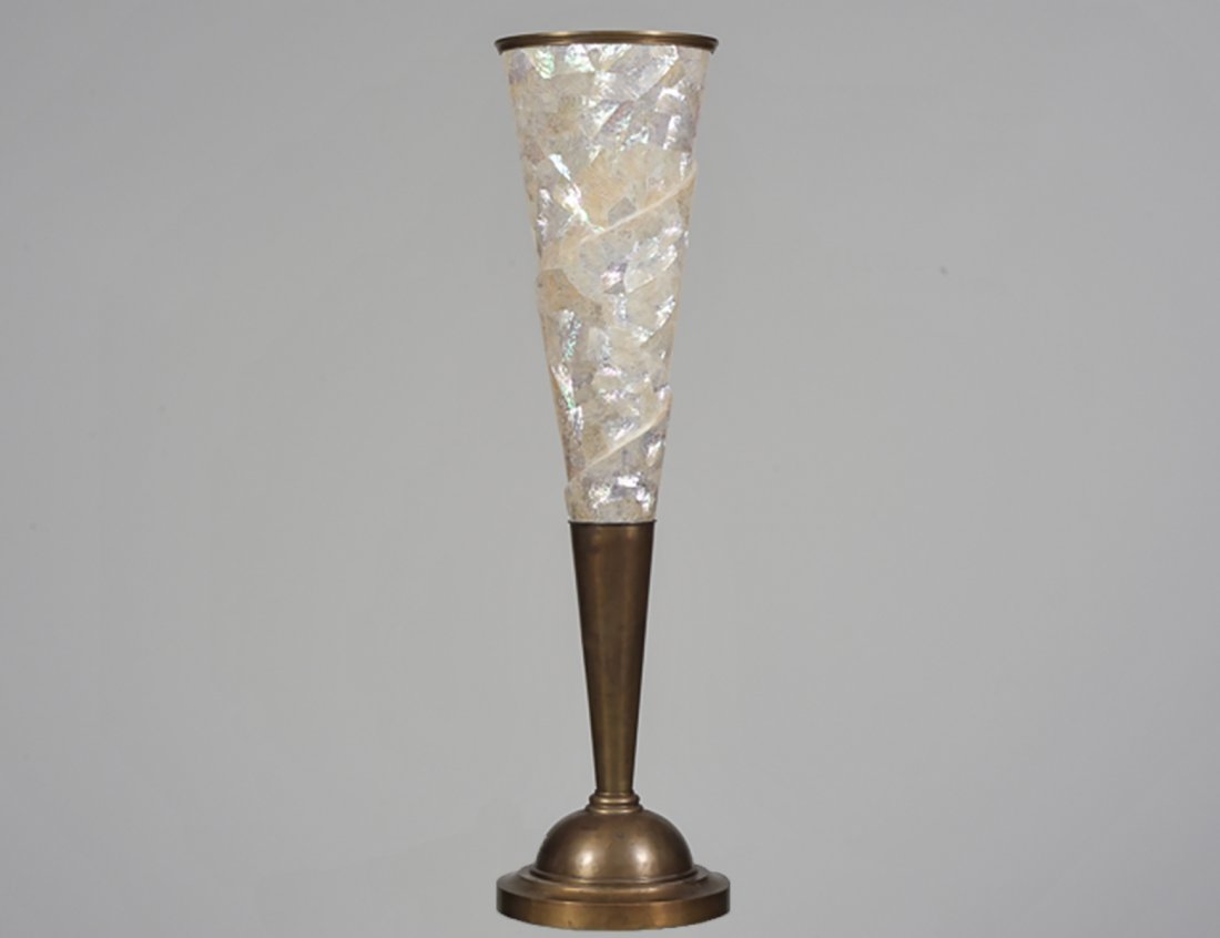 MAITLAND SMITH BRASS AND ABALONE LAMP: Philippines. Of trumpet form with circular base. (300/400)
