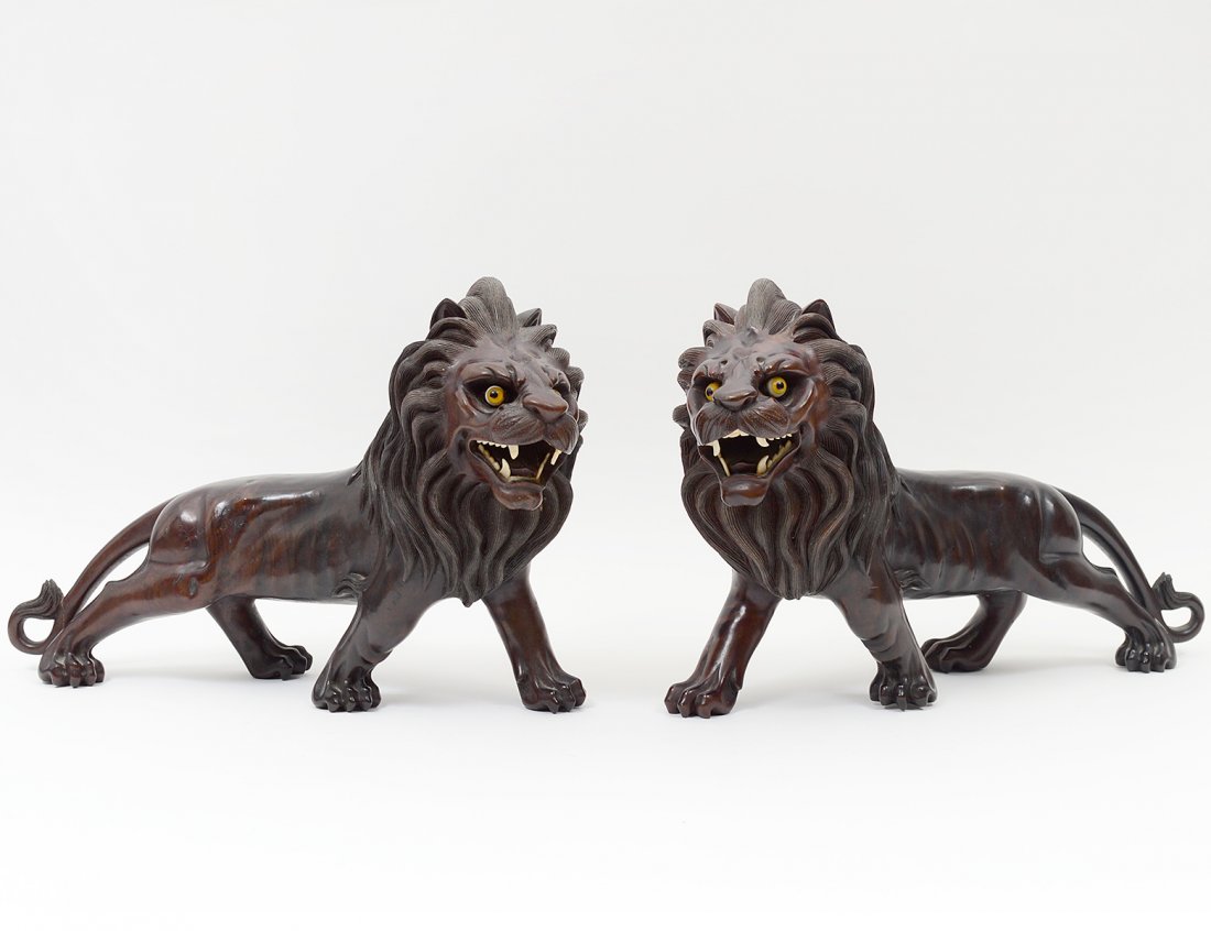 PAIR OF CARVED WOOD FIGURES OF LIONS (1 of 9)