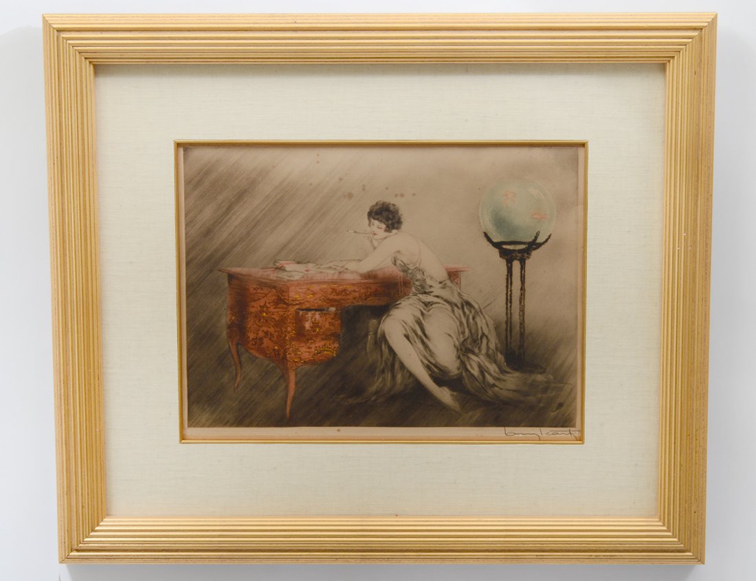 LOUIS ICART (French. 1880-1950): “Don Juan”. Signed in pencil l/r and dated 1928. Embossed windmill l/l. Drypoint etching on embossed paper. Measuring 13” by 16”. Framed under glass. (Cond: toning and foxing) (600/800)
