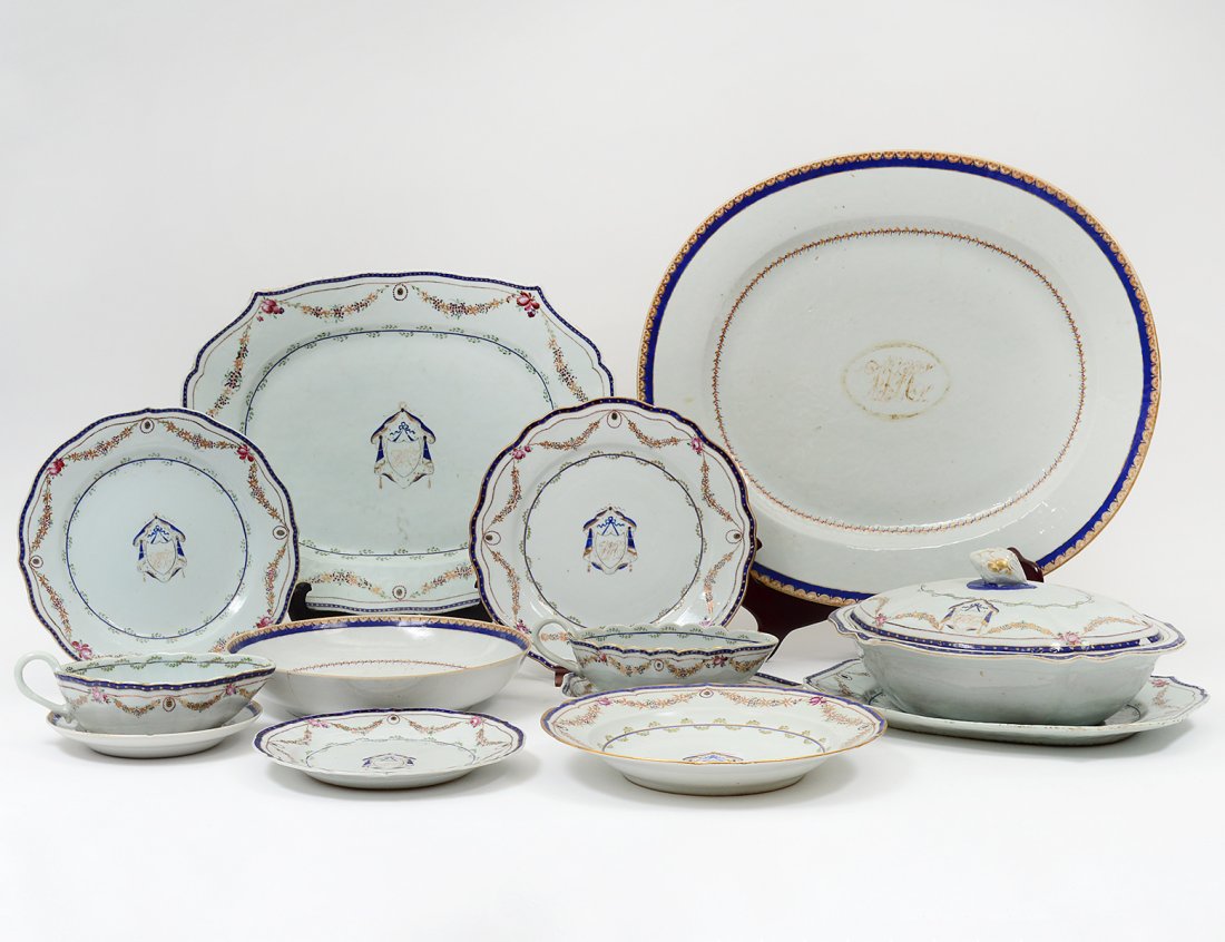 FIFTY-SEVEN PIECE ASSEMBLED EXPORT ARMORIAL PART DINNER (1 of 8)