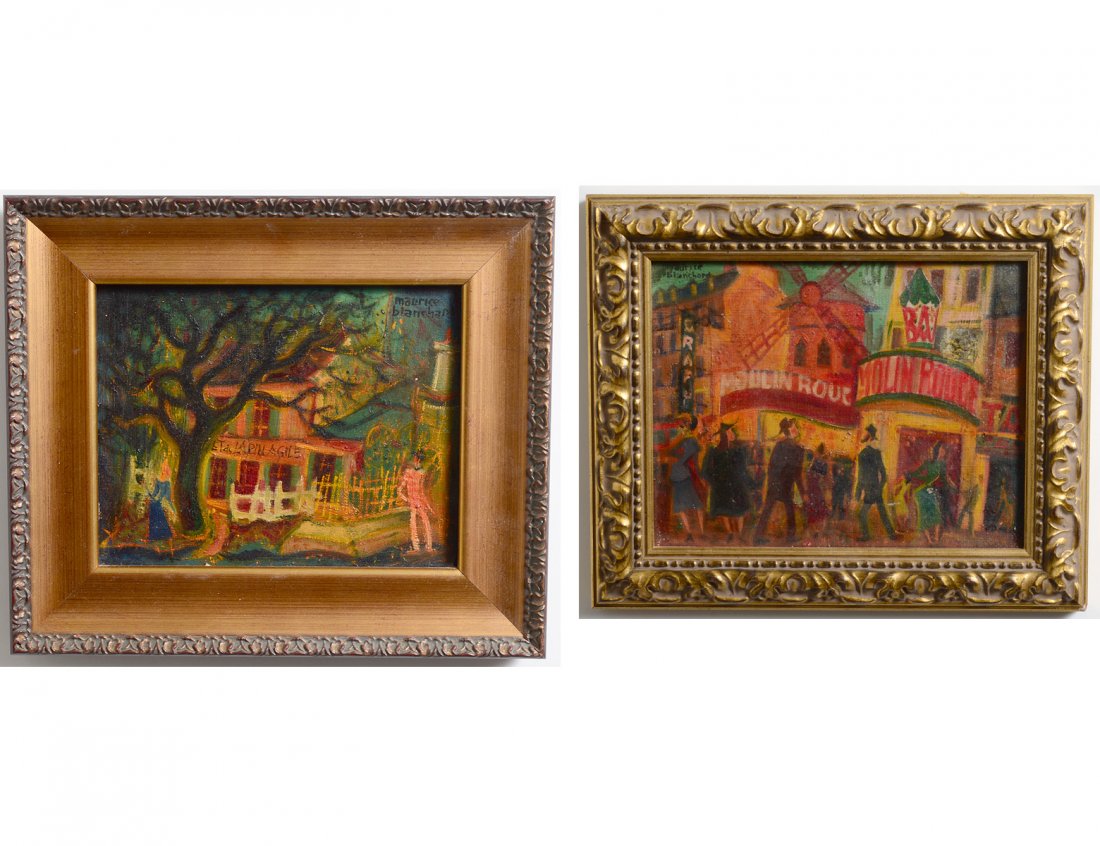 MAURICE BLANCHARD (French. 1903-1969): “Moulin Rouge”. Signed upper right. Oil on Canvas. Measuring 7” by 9”. Framed. (Cond: repair to upper right quadrant) Together with “Parisian Street Scene”. Signed upper left. Oil on Canva