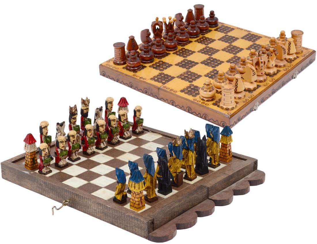 CARVED AND PAINTED FIGURAL WOOD CHESS SET (1 of 10)