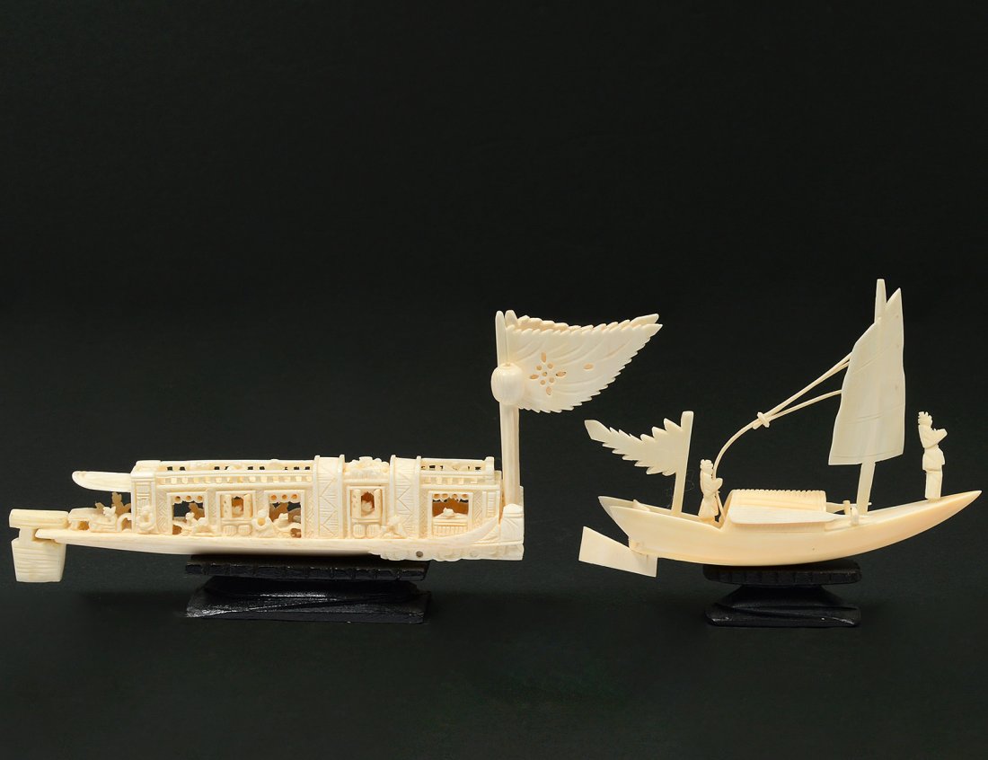 TWO CARVED IVORY BOATS (1 of 9)