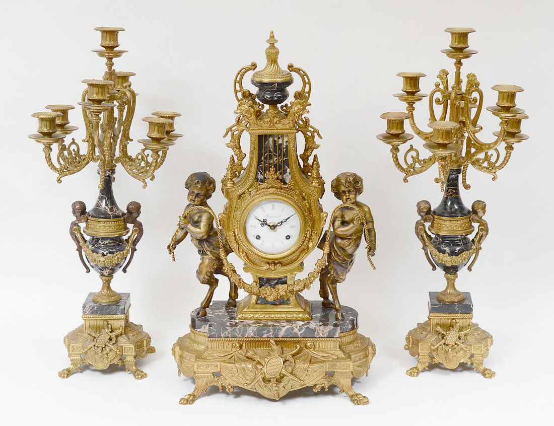 THREE PIECE BRASS AND MARBLE CLOCK GARNITURE (1 of 7)
