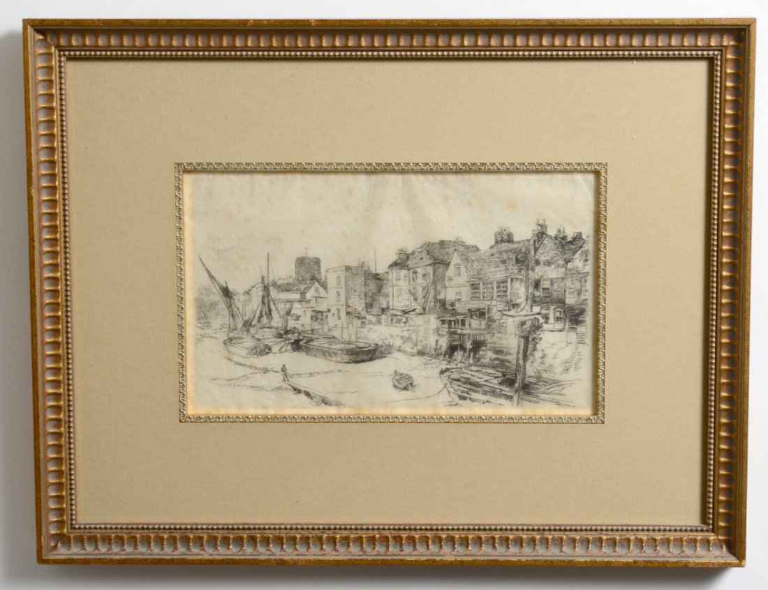 JAMES McNEILL WHISTLER (American. 1834-1903): The “Adam and Eve,” Old Chelsea. Butterfly monogram within plate. Etching. Measuring 7" by 12". Framed under glass. (Cond: some foxing and creasing) (150/300)