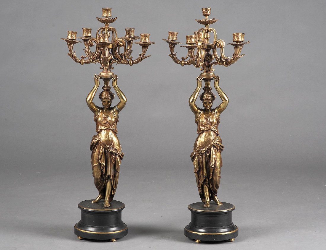 PAIR OF EMPIRE STYLE GILT BRONZE SIX LIGHT CANDELABRAS (1 of 5)