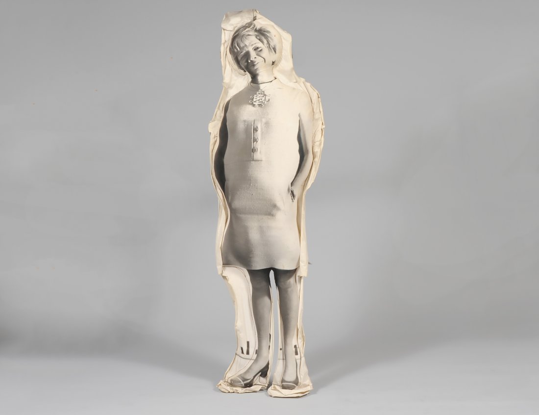 LYNTON WELLS (American. Born 1940): "Untitled". Screenprint on Stuffed Linen Mannequin. Height 67". Width 19". Depth 7". (600/800)