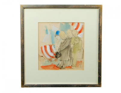 JOHN BARNES DOBBS (American. 1931-2011): "American Scene". Signed and dated '61 l/r. Watercolor, Gouache and Ink on Paper. Sight measuring 10" by 9 1/2". Framed behind glass. (Cond: good) (50/100)