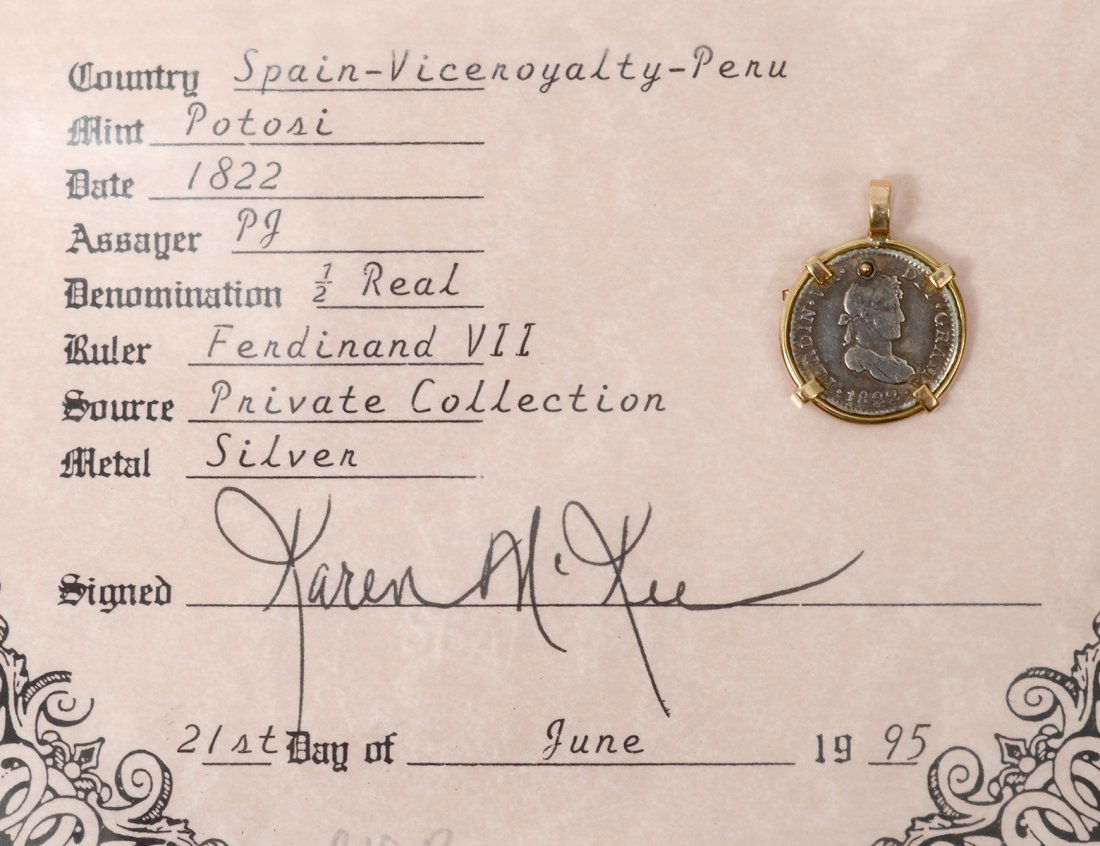SPANISH SILVER COIN IN 14 KARAT GOLD PENDANT MOUNT (1 of 3)