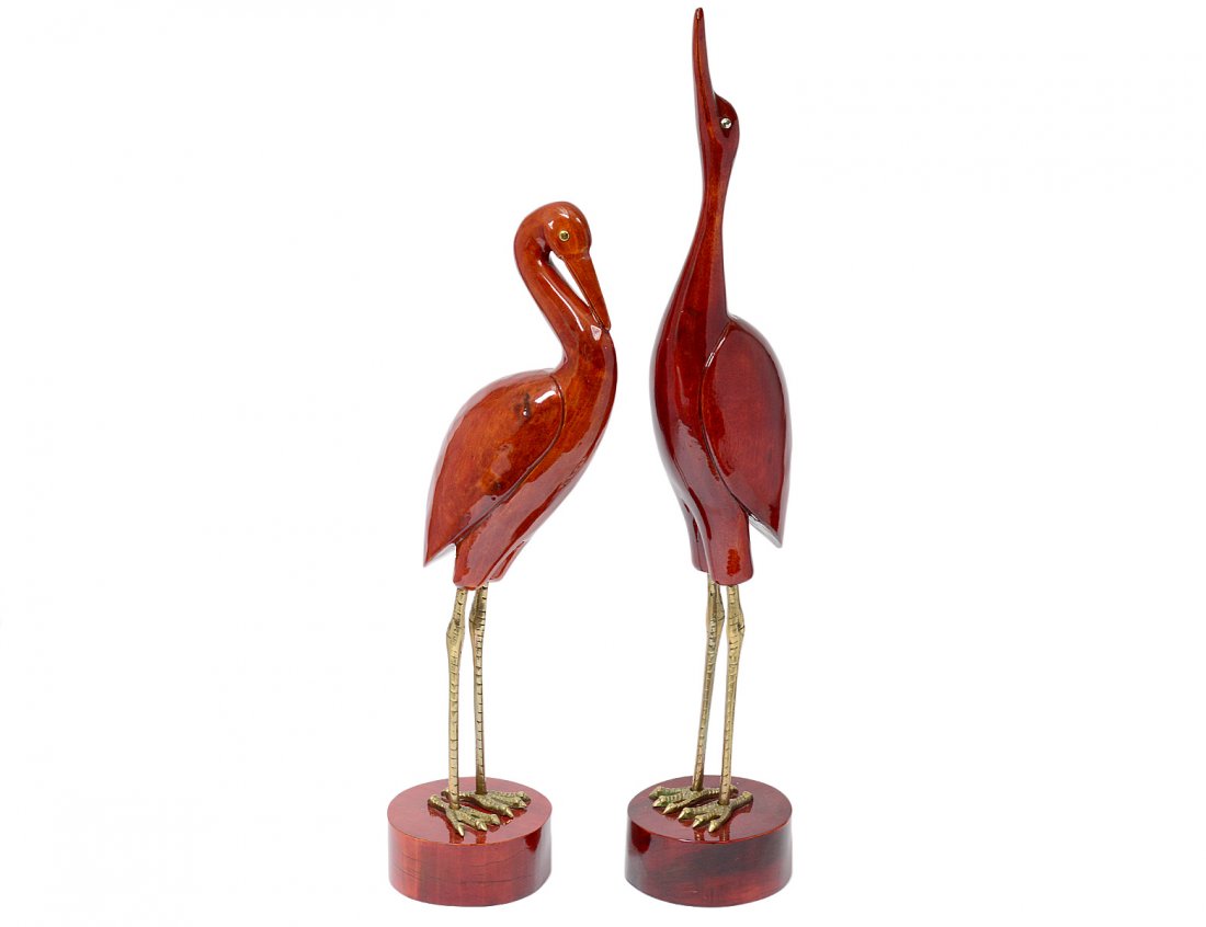 TWO CARVED AND LACQUERED WOOD WADING BIRDS: Each with brass legs. Height 29". (50/100)