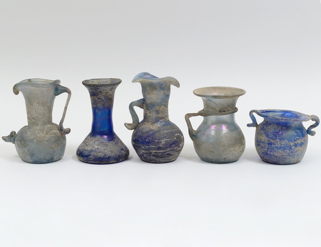 GROUP OF FIVE ROMAN GLASS STYLE VESSELS (1 of 1)