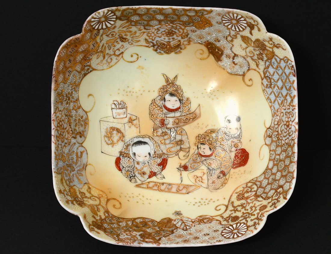 NIPPON PORCELAIN BOWL: Japanese. 20th Century. Decorated with figures, diaper pattern and with gilt. Diameter 7 1/2". (50/100)