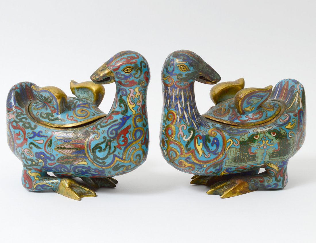 PAIR OF CLOISONNE ENAMEL BIRD CENSERS (1 of 8)