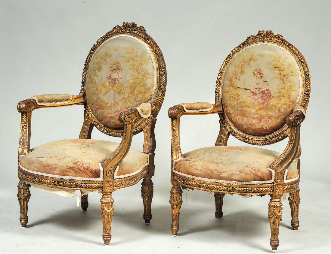 PAIR OF CHARLES X CARVED AND GILTWOOD FAUTEUILS (1 of 8)