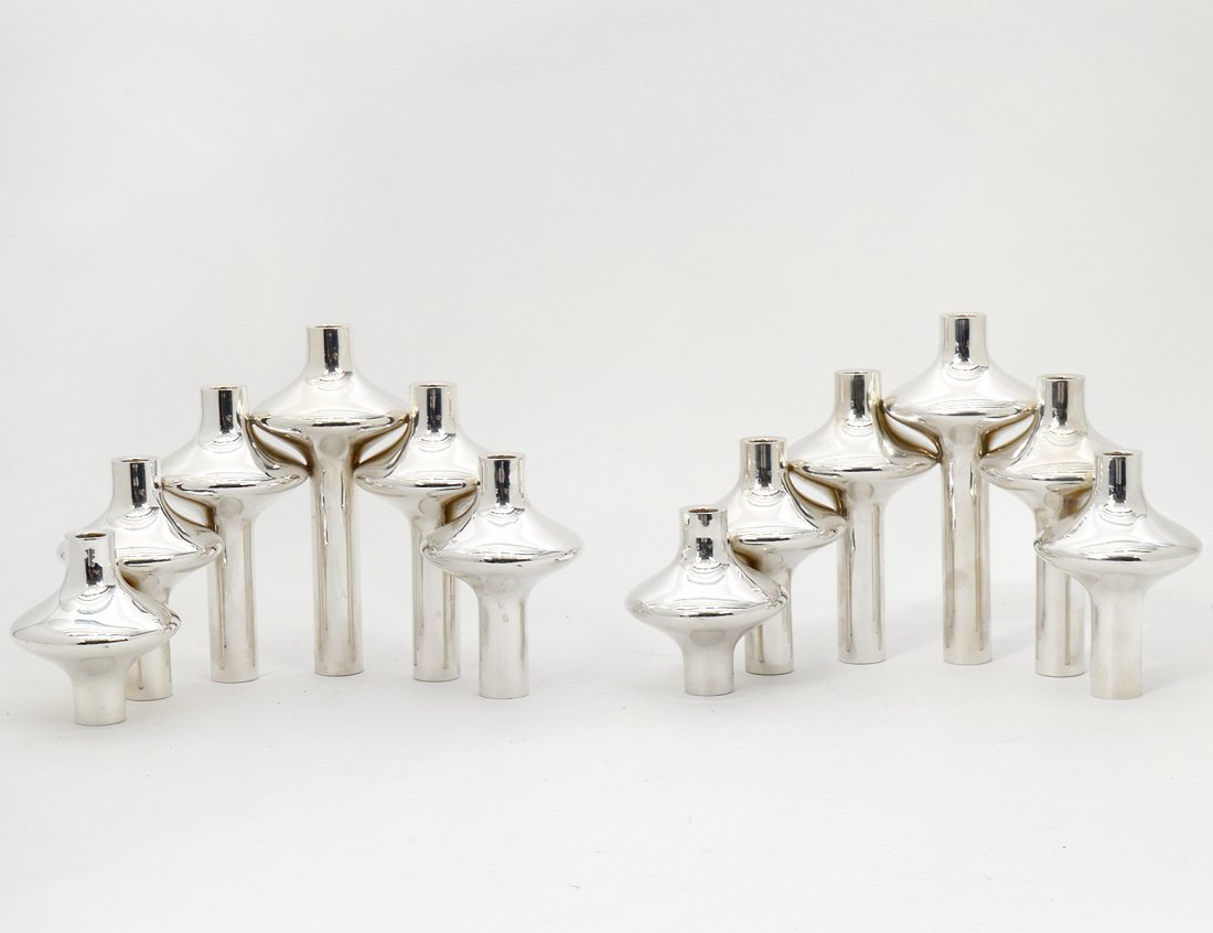 FINE PAIR OF A. MICHELSEN STERLING SILVER SIX LIGHT: Danish. Each composed of mushroom-form nozzles. Height 6". (weighted) (700/900)