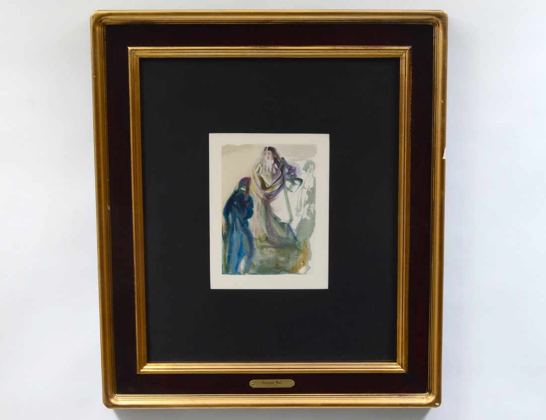 SALVADOR DALI (Spanish. 1904-1989): "St. Peter and Dante". Heaven Canto from the Divine Comedy Suite. Dated 1964. Color Woodblock Print. Measuring 12" by 9". Framed under Plexiglas. (300/500) Provenance: Salvador Dali Archives LTD. Asto