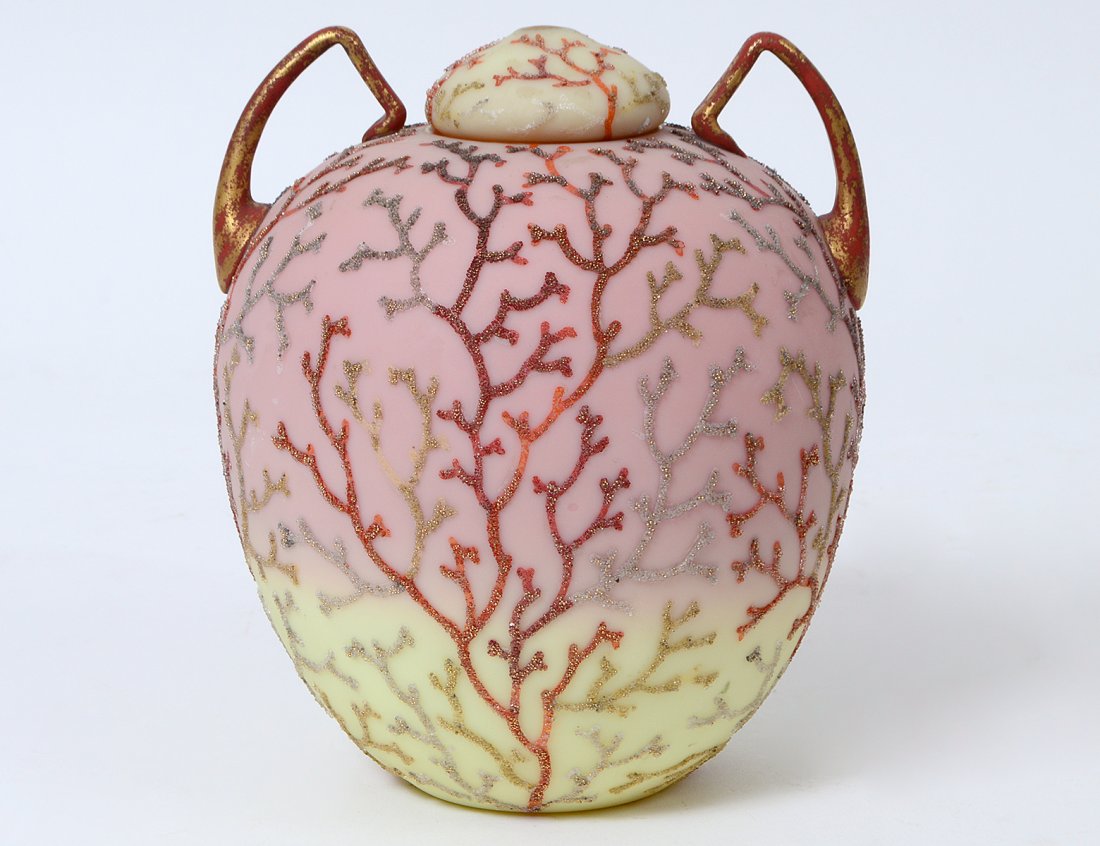 MT. WASHINGTON BURMESE GLASS VASE AND COVER (1 of 8)