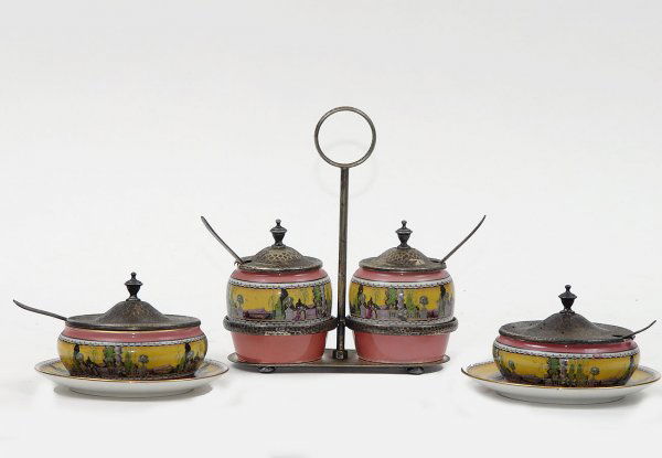 Four Royal Winton Grimwades Marmalades: Four Royal Winton Grimwades Marmalades Pattern 7760 with EPNS hammered lids and holder the stand 7 1/2 inches high. The two dishes with separate bases 3 1/2 inches high & 5 11/2 inches wide in good co