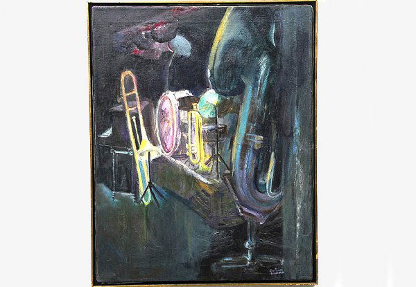 Bertram Goodman American Band Instruments OC: Bertram Goodman American 1904-1988 Band Instruments Oil on Canvas Signed Lower Right. Verso titled Jazz Interlude and paper label name, address of Bertram Goodman. 28 ¼ inches x 22 inches. Framed. Ve