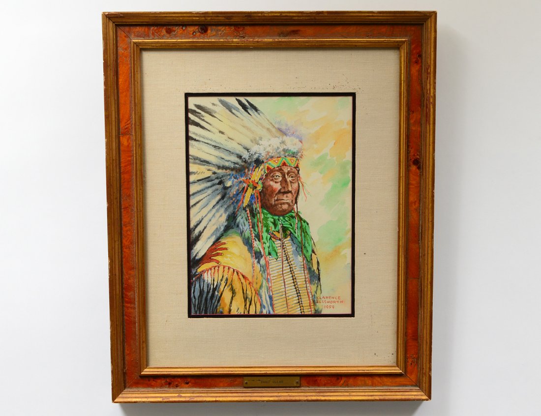 CLARENCE ELLSWORTH (American. 1885-1961): "Chief Clear". Signed l/r. Dated 1959. Watercolor on Paper. Measuring 14" by 10". Famed under Plexiglas. (Cond: good) (400/600) Provenance: Maria Mozgova Auction. Houston, TX