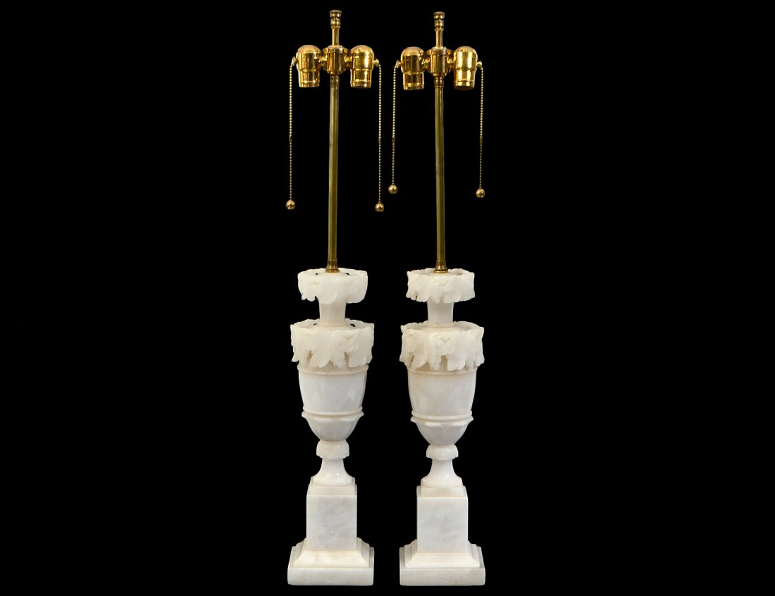 PAIR OF ALABASTER LAMPS: Height 19 1/4". (150/200)