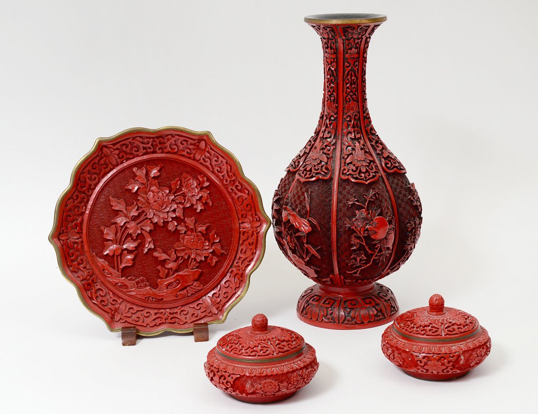 GROUP OF FOUR MOLDED CINNABAR ARTICLES (1 of 7)