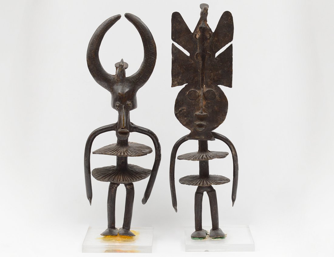 TWO AFRICAN PATINATED BRONZE BENIN FIGURES (1 of 4)