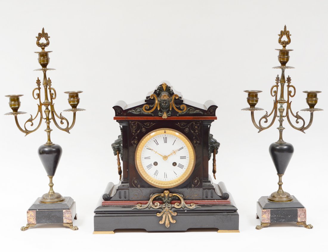 BLACK SLATE AND BRASS THREE PIECE CLOCK GARNITURE (1 of 7)