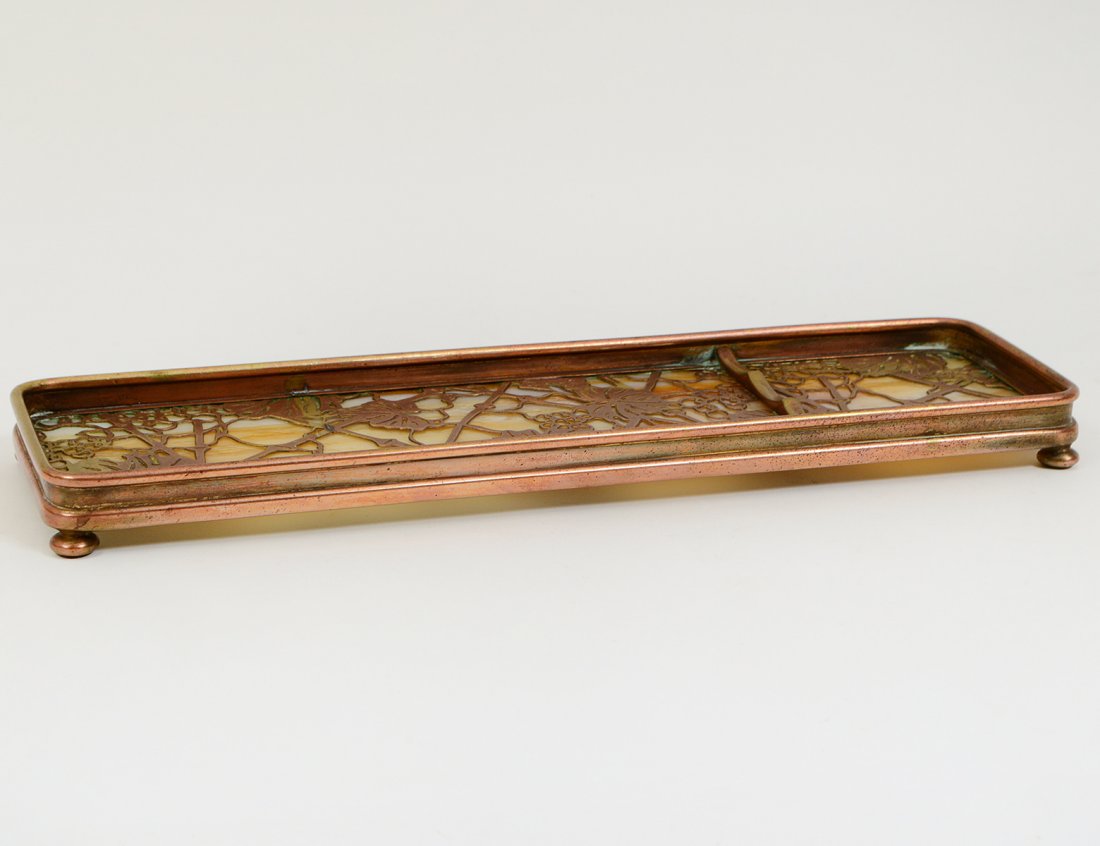 TIFFANY STUDIOS BRONZE AND GLASS PEN TRAY (1 of 5)