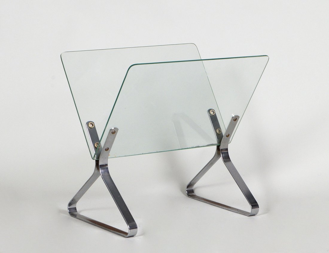 MODERN CHROME AND GLASS MAGAZINE STAND (1 of 2)
