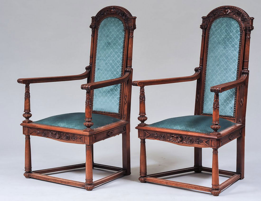 PAIR OF HENRY II STYLE WALNUT ARMCHAIRS (1 of 7)