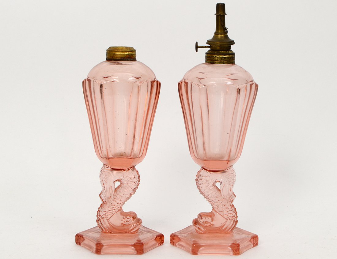 PAIR OF PINK GLASS PRESSED OIL LAMPS Oct 17, 2016 AGOPB in FL