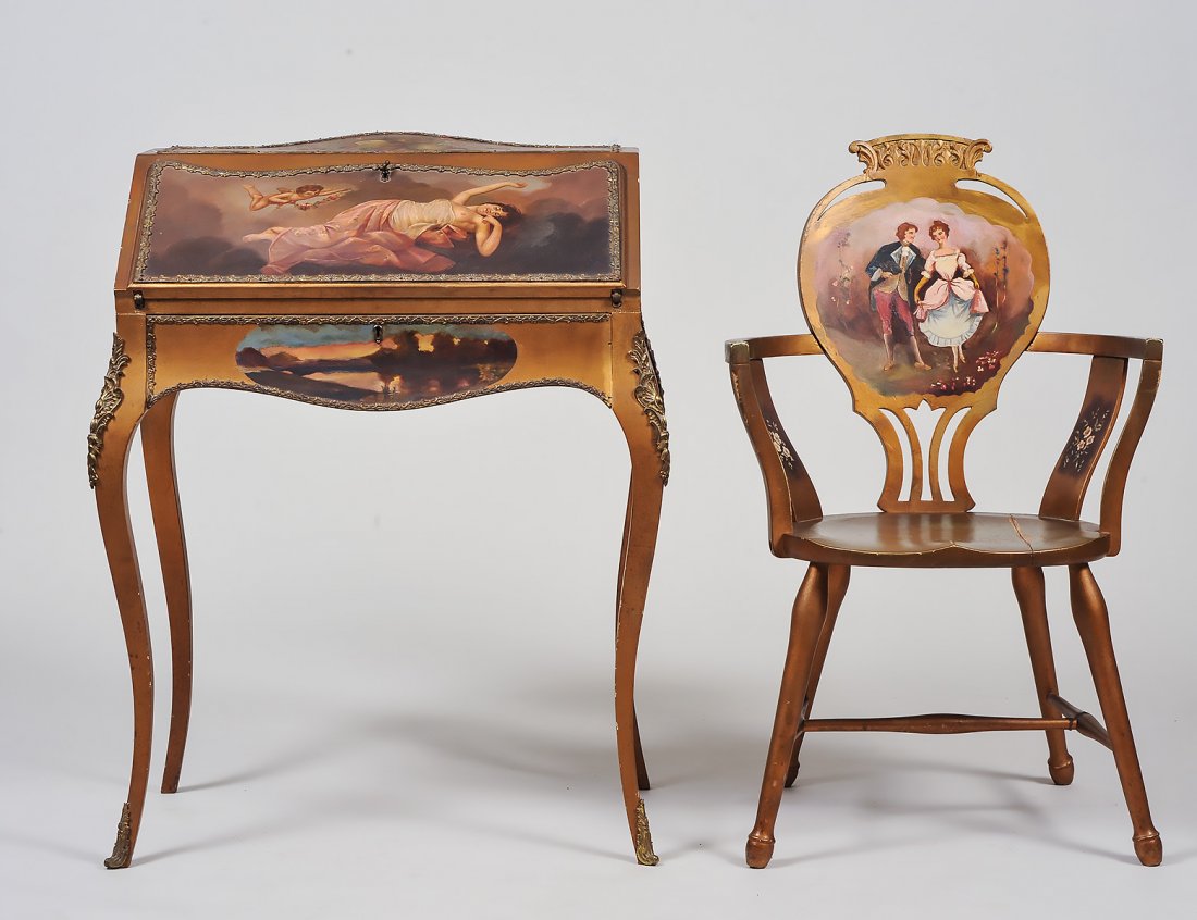 LOUIS XV STYLE BRASS MOUNTED VERNIS MARTIN BUREAU EN: Circa 1900, with a fitted interior, painted with a classical maiden and amorous couples on a ‘gold ground’; together with a similarly decorated armchair. Minor losses to some ground surfaces. Heig