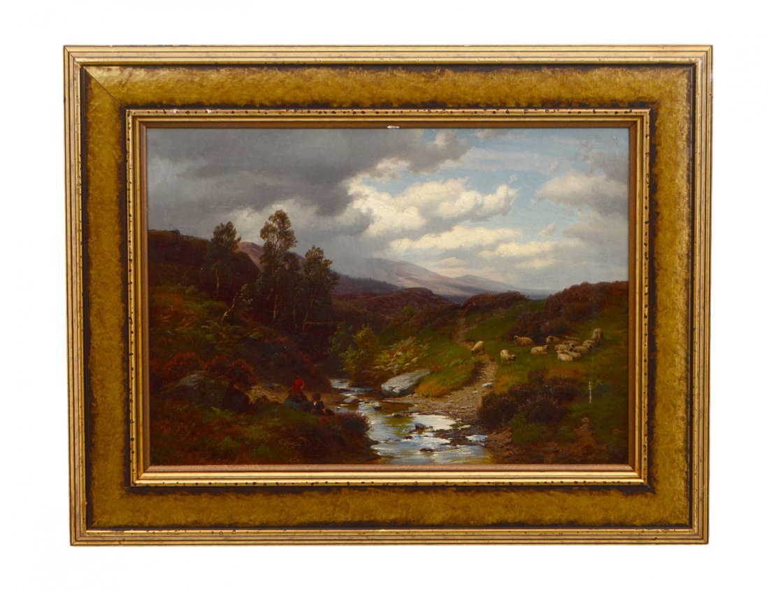 PAUL WEBER (American/German. 1823-1916): "Pastoral Landscape with Sheep Grazing and Two Figures by a Brook". Signed l/r and dated 1868. Oil on Canvas. Measuring 15" by 22 1/2". Framed. (Cond: original canvas, scattered crazing throughout, so