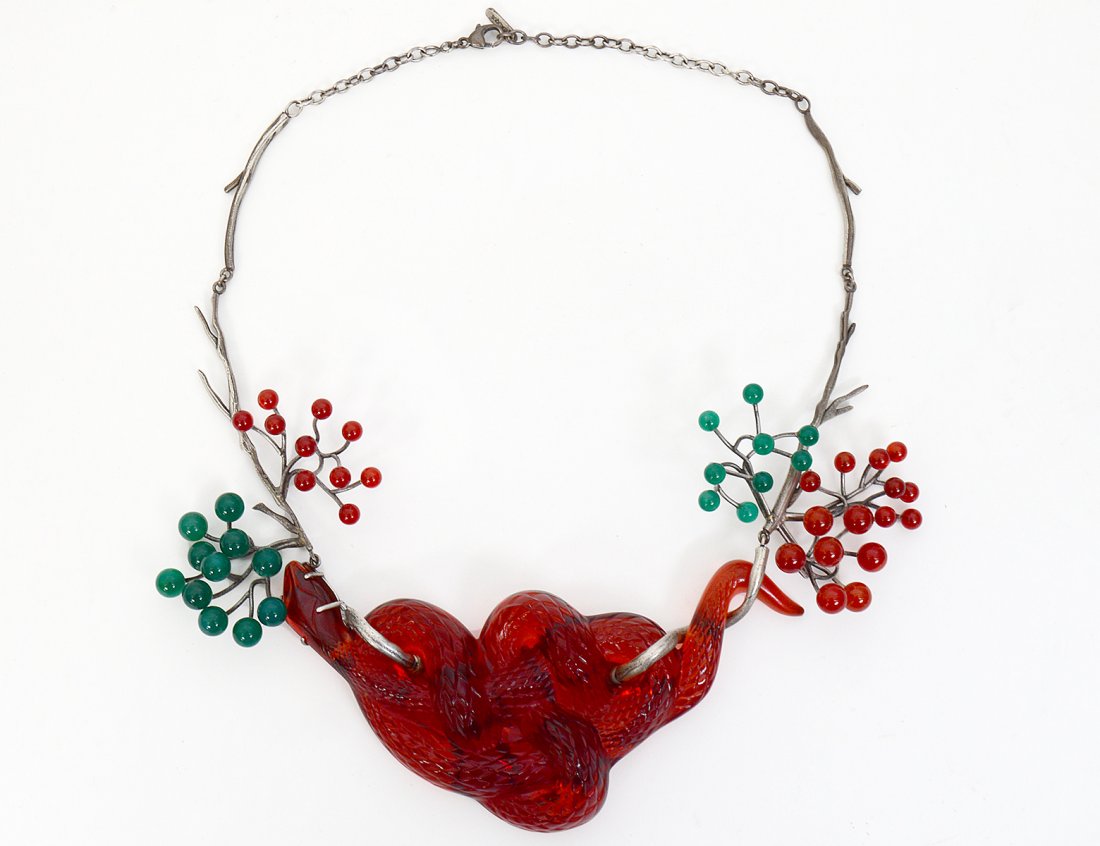 LALIQUE GLASS AND STERLING SILVER NECKLACE: French. 20th century. Signed. Marked sterling silver. Serpent necklace. Adjustable length choker with lobster claw clasp. In original fitted case. (Cond: good) (500/700)