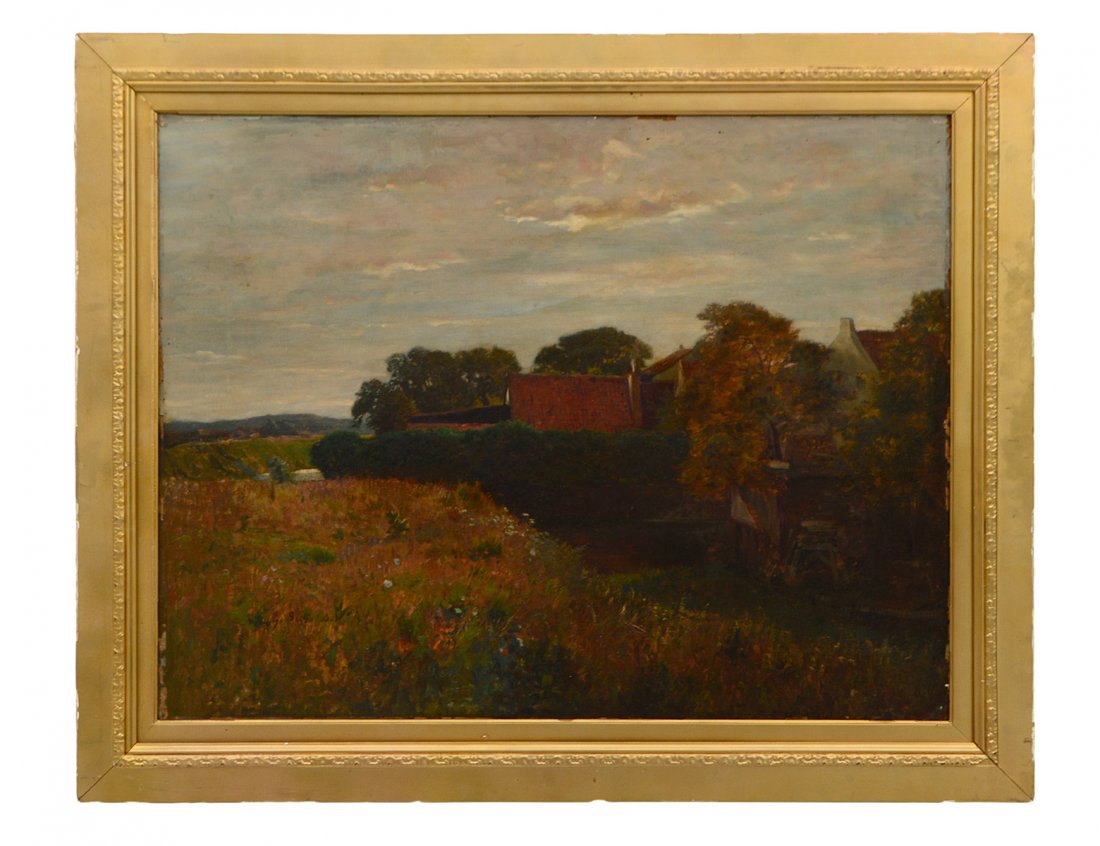 GUSTAV SCHOENTEBER (German. 1851-1919): "At the Village End". Signed l/l and dated '95. Oil on Canvas. Measuring 23 1/2" by 30". Framed. (Cond: paint loss to border edges, darkening of varnish) (500/700)