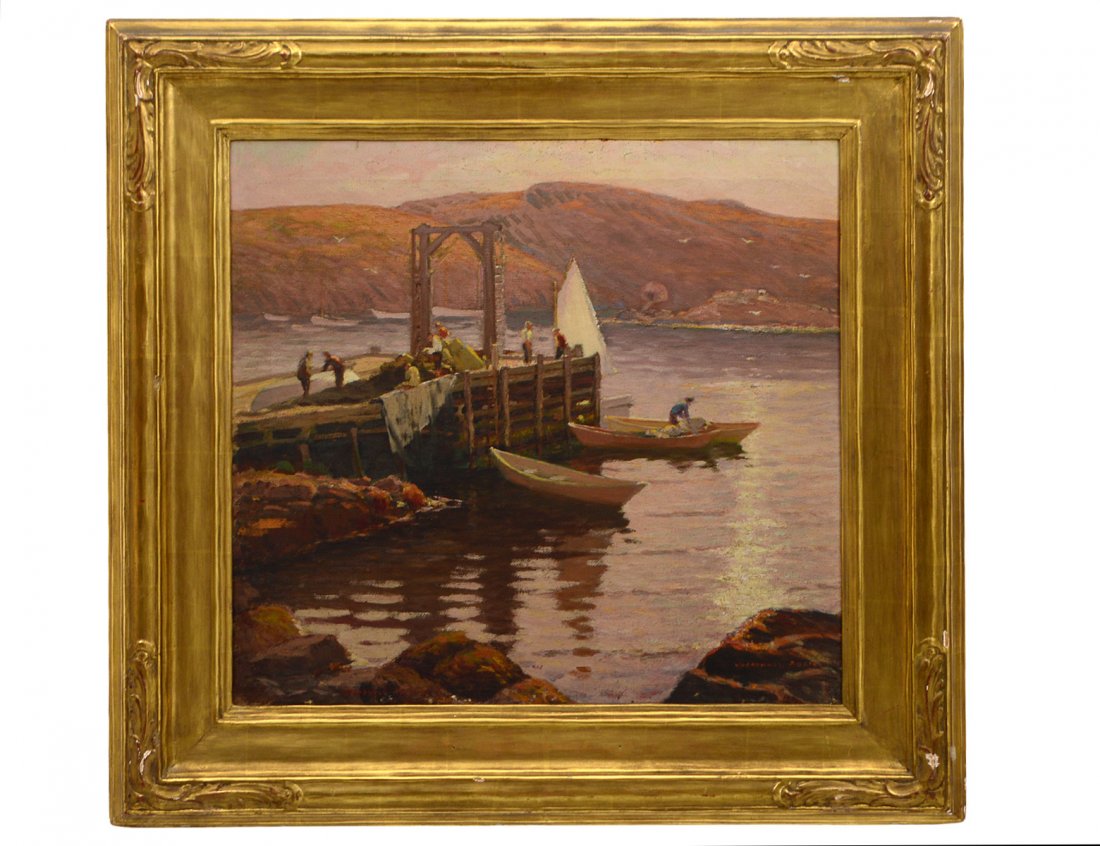 WOODHULL ADAMS (American. 1854-1921): "The Wharf at Moneghan". Signed l/r. Verso signed and titled. Oil on Canvas. Measuring 19" by 25 1/4". Framed. (Cond: good) (800/1000)