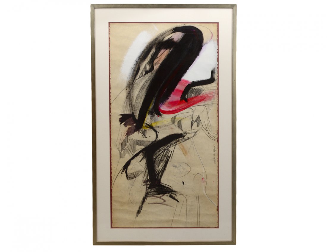CONTEMPORARY GOUACHE AND CHARCOAL ON PAPER: "Woman". Indistinctly signed l/l and dated '70. Measuring 18 1/4" by 36". Framed under Plexiglas. (Cond: good) (50/100)