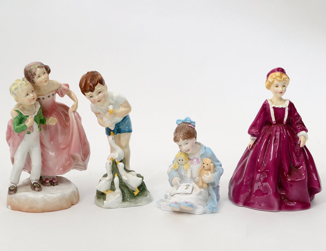 GROUP OF FOUR ROYAL WORCESTER FIGURES: English. 20th Century. All marked on the underside. Three titled: "Katie's Day Storytime", "Grandmother's Dress", and "Sister". Height of tallest 7 3/4". (Cond: good) (100/150)