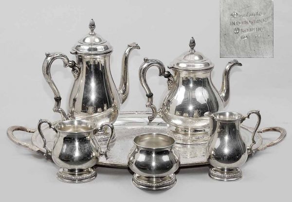 International Prelude Sterling 5 pc Tea Set: International Prelude Sterling Silver Five Piece Tea and Coffee Set Pattern 124 02 With a Camille International Silver Company plated handled 20 inch oval tray. The sterling includes a 9 cup coffee po