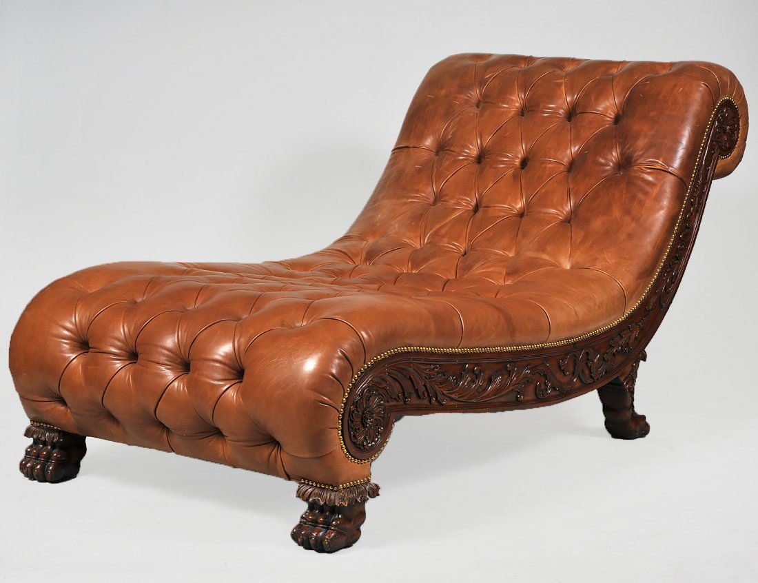 REGENCY STYLE LEATHER UPHOLSTERED MAHOGANY RECAMIER (1 of 6)