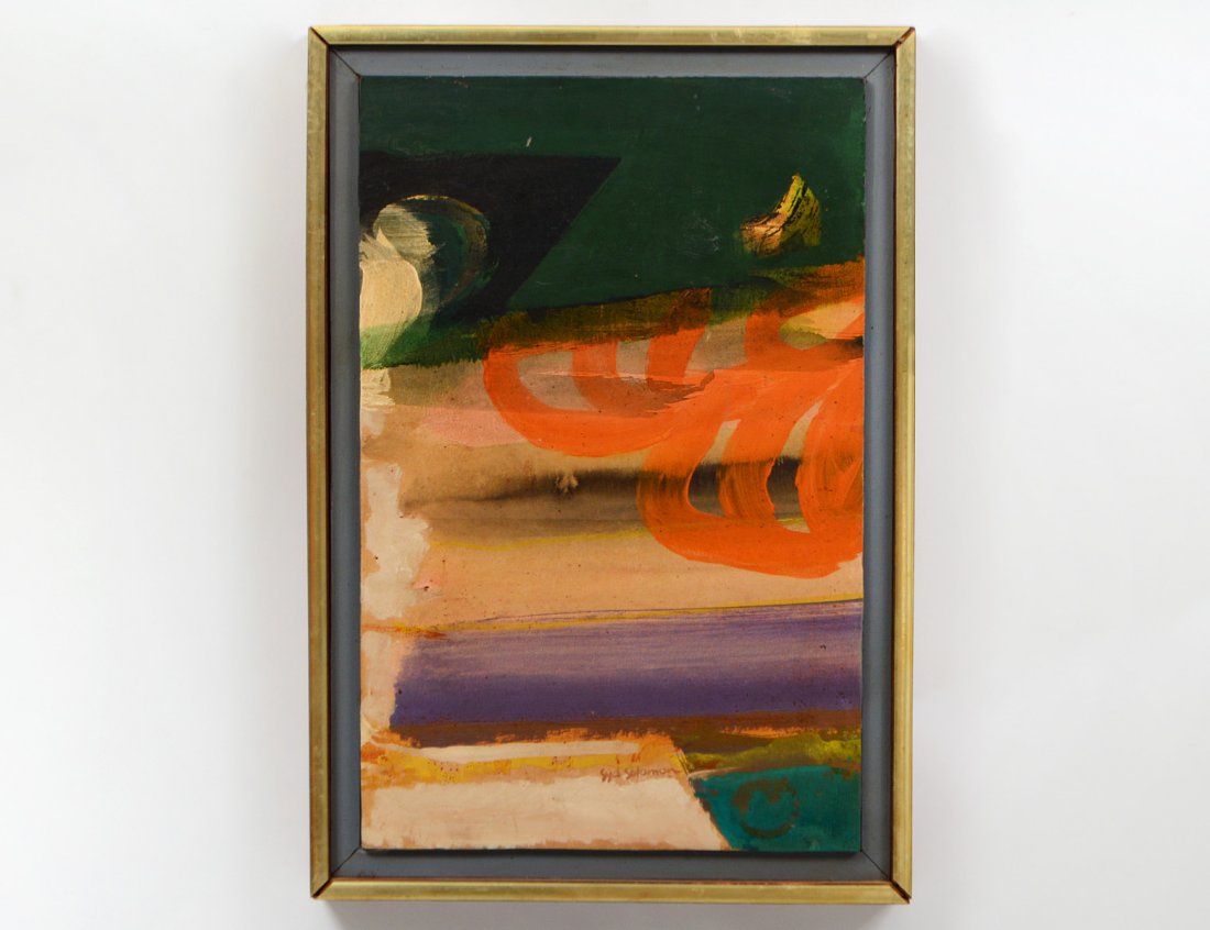 SYD SOLOMON (American. 1917-2004): “Sunraceway”. Signed l/r. Verso signed, titled and dated ’71. Oil and Acrylic on Mounted Paper Stock. Measuring 19 1/2” by 12 1/2”. Framed. (Cond: good) (400/600)