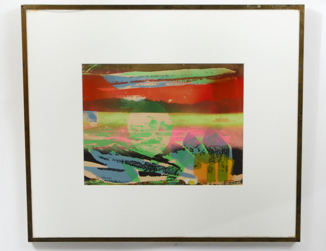 SYD SOLOMON (American. 1917-2004): “Wind Horizons”. Signed l/l. Verso signed, titled, dated ’81. Color Lithograph with Gouache. Measuring 11” by 14”. Framed under glass. (Cond: good) (200/400)