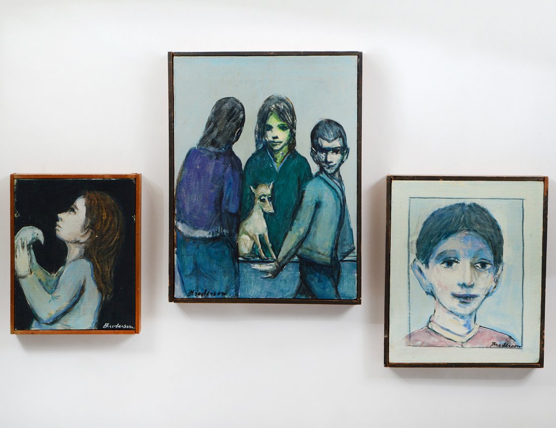 ROBERT BRODERSON (American. 1920-1992): Three Oil on Canvas . “Child and Bird”. Signed l/r. Verso is titled. Measuring 10” by 8”. Framed. (Cond: good) “Study” Signed l/r. Verso titled. Measuring 12” by 10”. Framed. (Cond: go