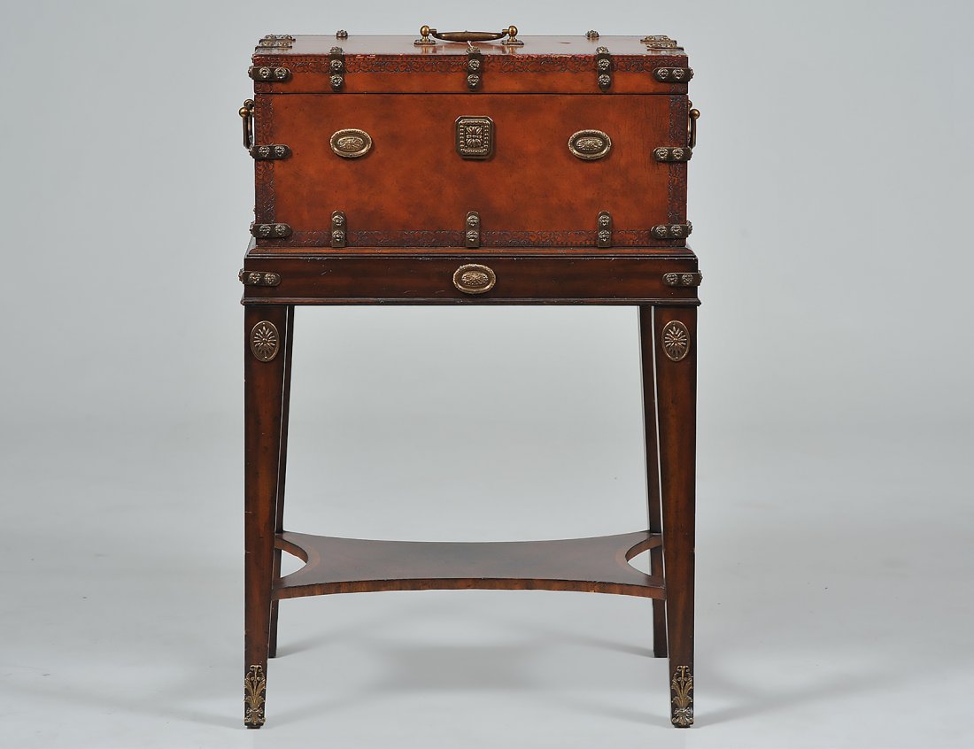 GILT METAL MOUNTED WOOD TRAVEL BOX ON STAND (1 of 8)