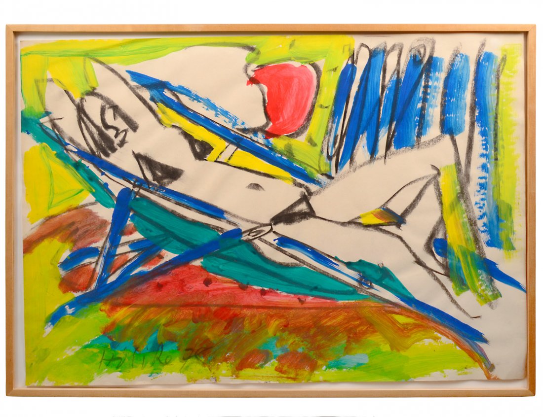 KARL HORST HODICKE (German. Born 1938): "Woman Sunbathing". Signed "Hodicke" and dated '78 l/l. Acrylic and Charcoal on Paper. Measuring 30 3/4" by 43 1/2". Wood frame behind Plexiglas. (Cond: good, with some soft creases from handling) (40