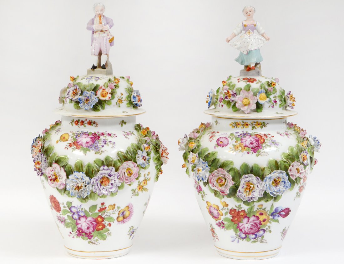 PAIR OF GERMAN FLORAL DECORATED BALUSTER LIDDED VASES (1 of 9)