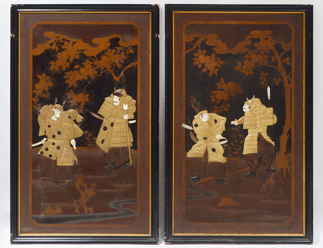 PAIR OF JAPANESE LACQUERED WOOD ‘SAMAURI’ PANELS: First Half of the 20th Century. Each panel depicting two engaged samurai in a landscape, composed of bone, horn and giltwood elements, now in ebonized frames. Measuring 39” by 24”. (Cond: some los