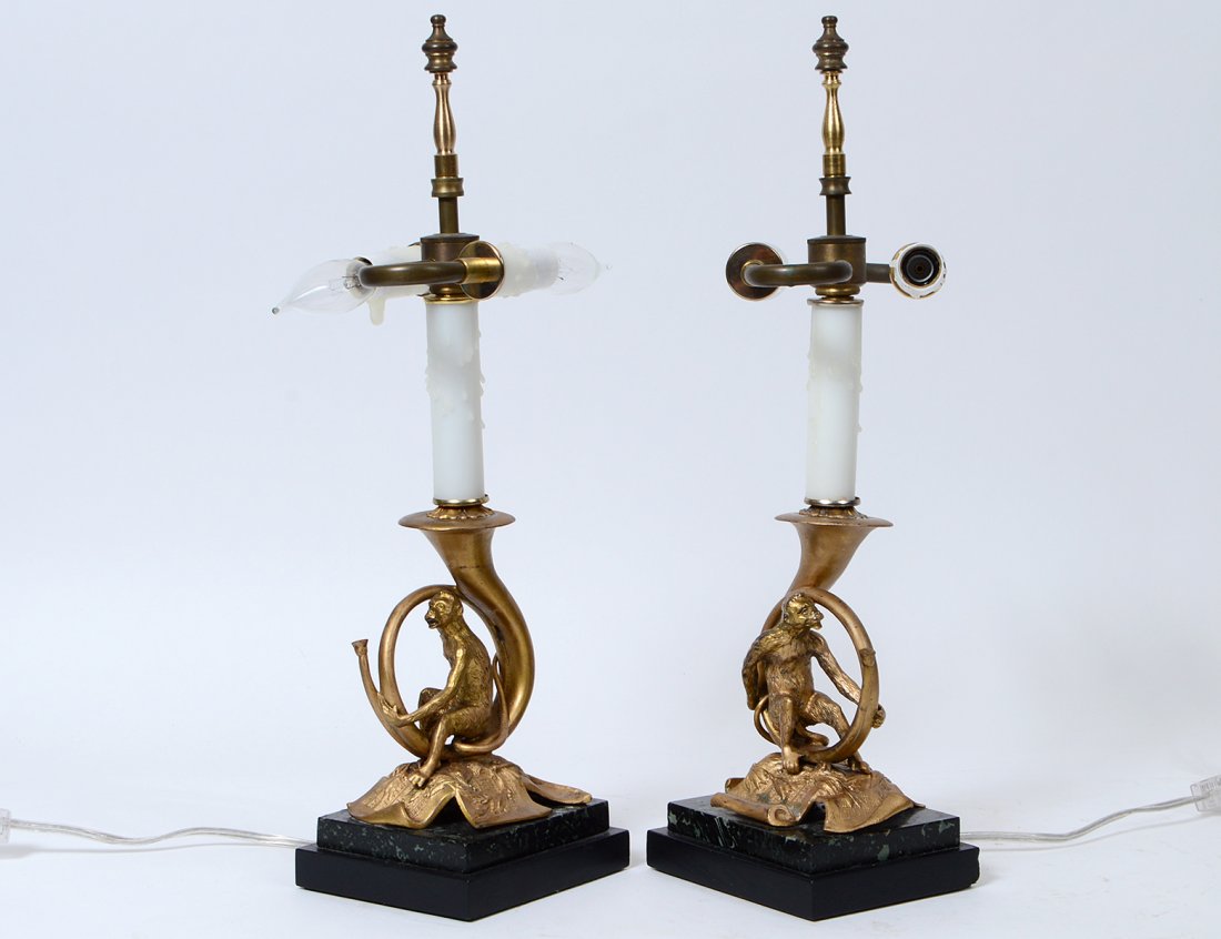 PAIR OF BRONZE AND MARBLE CANDLESTICKS (1 of 3)