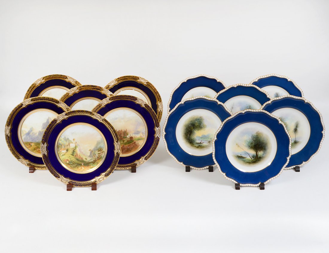 TWO SETS OF SIX ENGLISH PAINTED PORCELAIN DINNER PLATES (1 of 10)